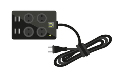 Power surge protector extension cord black flat. Multifunction electronic gadget assistant plug type c usb socket switch button multiplication multiple device simultaneously in same place isolated