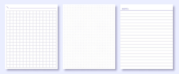 Realistic ruled lined notepad diary blank sheet flat set. Vector diary dots line grid blank paper perfect design office school study work layout template note list abstract graphic element isolated