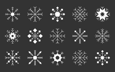 Snowflake crystal xmas frost white silhouette set. Winter frozen hexagon shape snow flakes new year ice geometric pattern symbol postcard christmas card traditional banner snowfall element isolated