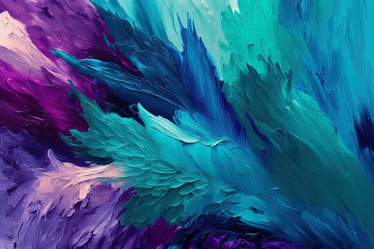 Abstract impasto texture background, purple, teal and blue.