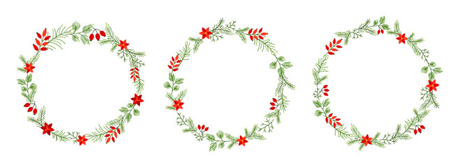 Christmas plant wreath berry spruce linear flat set. New Year greeting card holiday circle sticker label minimalism frame border. Traditional palette white red green briar poinsettia fir branch decor