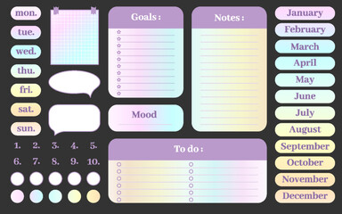 Note card sticker scrapbooking planner flat set. Rainbow gradient halographic pastel day of the week months to do list mood goals speech bubble number grid stamp personal memo blank document isolated