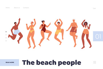 Beach people concept of landing page with happy young man woman in swimwear dance on summer party