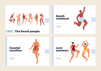 Beach people enjoy coastal summer vacation concept of landing pages with happy young tourist dance