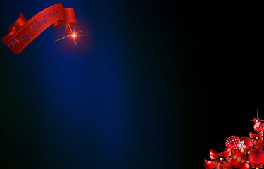 Merry Christmas message with red christmas balls, north star and red ribbon isolated on navy blue background, empty space for message.