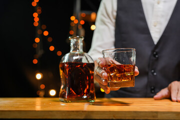 Bartender Serve Whiskey, on wood bar, 