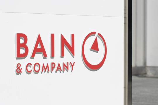 San Francisco, CA, USA - May 1, 2022: Bain and Company logo is seen outside its office in the Salesforce Tower in San Francisco, California. Bain and Company is an American management consulting firm.