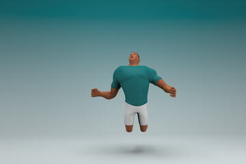 An athlete wearing a green shirt and white pants is jumping. 3d rendering of cartoon character in acting.