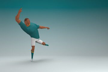 Fototapeta na wymiar An athlete wearing a green shirt and white pants is jumping. 3d rendering of cartoon character in acting.