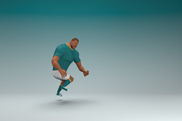 Obraz na płótnie Canvas An athlete wearing a green shirt and white pants is jumping. 3d rendering of cartoon character in acting.