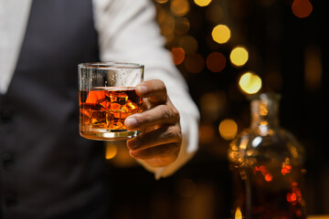 Bartender Serve Whiskey, on wood bar, 