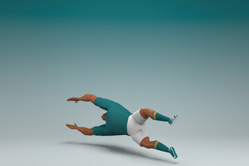 An athlete wearing a green shirt and white pants.  He is doing exercise. 3d rendering of cartoon character in acting.