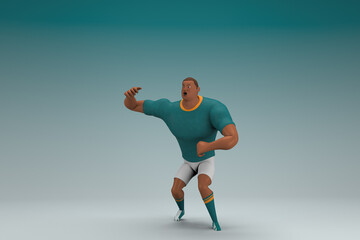 Naklejka na ściany i meble An athlete wearing a green shirt and white pants. He is doing exercise. 3d rendering of cartoon character in acting.