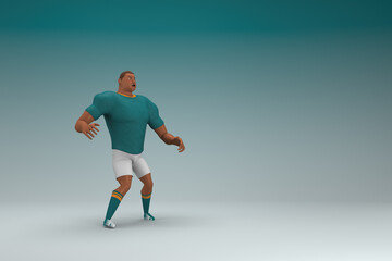 Fototapeta na wymiar An athlete wearing a green shirt and white pants. He is doing exercise. 3d rendering of cartoon character in acting.