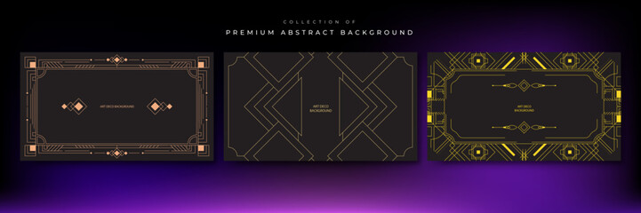 Art deco background with golden line on black background. Art deco vintage linear thin line geometric shape retro design frame badge. Art deco line border for wedding, template, greeting card, poster