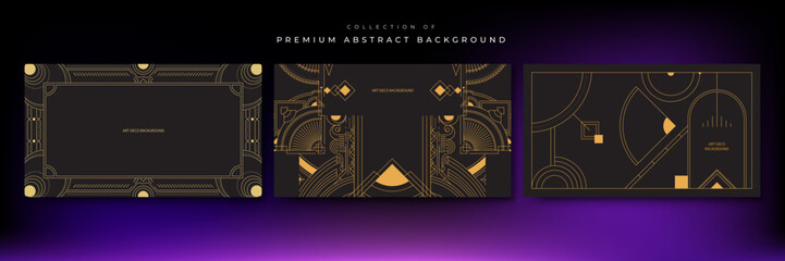 Art deco background with golden line on black background. Art deco vintage linear thin line geometric shape retro design frame badge. Art deco line border for wedding, template, greeting card, poster