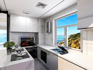 3D rendering, bright kitchen design