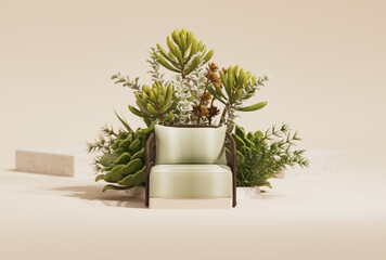 Stone podium, cosmetic display stand with nature leaves on white background. Succulents and cactus with stone podiums. Mock up for the exhibitions, presentation, therapy and health. 3d render.
