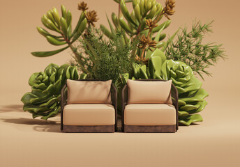 Succulents and cactus with armchair and podiums. Mock up for the exhibitions, presentation, therapy and health. 3d render.
