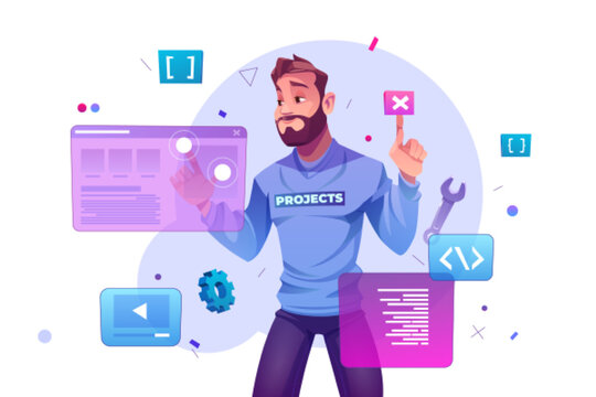 Web Development Concept With Programmer Engineering And Coding Website On Augmented Reality Interface Screens. Developer Engineer Programming Project Software Or App Design Cartoon Vector Illustration