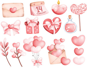 Watercolor illustration set of Valentine elements