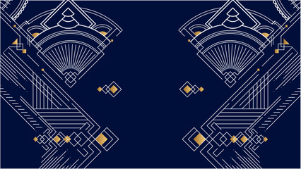 Art deco background with golden line on blue background. Art deco vintage linear thin line geometric shape retro design frame badge. Art deco line border for wedding, template, greeting card, poster