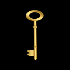Vector illustration old golden key silhouette on black background