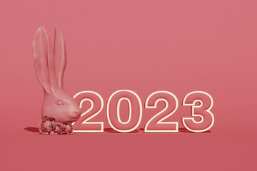 Chinese New Year Rabbit symbol of 2023 year of rabbit statue and podium on pink background. 3d rendering
