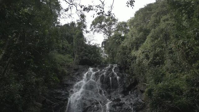 Beautiful view of a waterfall from rocks in a forest with trees