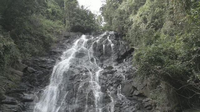 Beautiful view of a waterfall from rocks in a forest with trees
