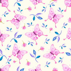 watercolor magical purple butterflies seamless pattern