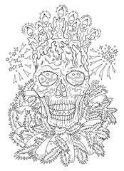 Scary vector illustration with skull in Santa Claus hat and Christmas and New Year symbols - gifts, decorations. Happy Krampus or Halloween concept, black and white line art for coloring page.