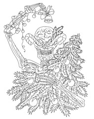 Scary vector illustration with skull in Santa Claus hat and Christmas and New Year symbols - gifts, decorations. Happy Krampus or Halloween concept, black and white line art for coloring page.