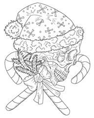 Scary vector illustration with skull in Santa Claus hat and Christmas and New Year symbols - gifts, decorations. Happy Krampus or Halloween concept, black and white line art for coloring page.