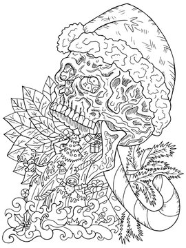 Scary vector illustration with skull in Santa Claus hat and Christmas and New Year symbols - gifts, decorations. Happy Krampus or Halloween concept, black and white line art for coloring page.