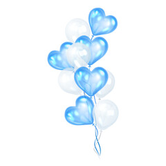 Bunches of blue and white helium balloons-hearts. Party decorations for birthday, anniversary, celebration. Vector illustration