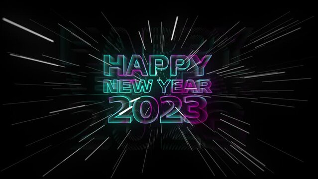 Arctic and pink glowing numbers 2023 and star tunnel hyperloop with neon lights. Abstract space live wallpaper. Bright neon greetings New Year 2023. Futuristic style ring images and abstract space.