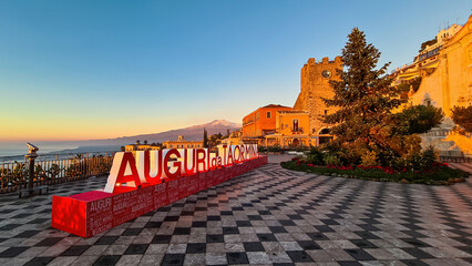 Sunrise on the main square (Piazza IX Aprile) in Taormina, Province of Messina, Sicily, Italy,...