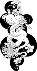 Japanese snake with cherry blossom and hibiscus flower tattoo.colorful Snakes and flowers. Tattoo design. Hand drawn snake vector illustration.