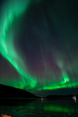 Aurora borealis in the starry night sky over the lake
