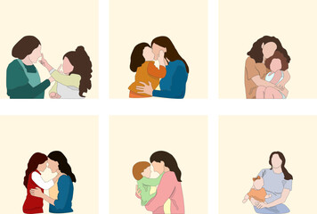 Illustration of mother and daughter joking cheerfully and full of joy. Flat vector illustration.