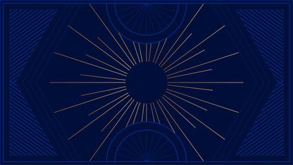 Art deco background with golden line on blue background. Art deco vintage linear thin line geometric shape retro design frame badge. Art deco line border for wedding, template, greeting card, poster