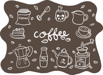 white line drawing brown background About ingredients for making tea and coffee cute lines.