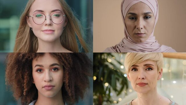 Close-up female portraits split screen collage serious confident beautiful diverse young women looking at camera multiethnic girls businesswomen different ages posing feminism and equality concept