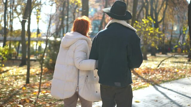Side back view of happy man and woman strolling arm in arm on autumn park alley talking. Tracking shot of confident Caucasian mature mother and adult son walking outdoors chatting smiling