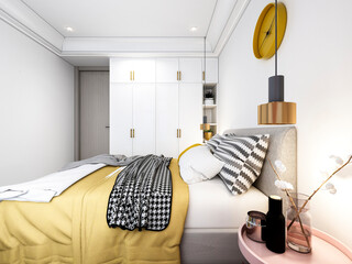 3D rendering, clean and tidy Nordic style bedroom design