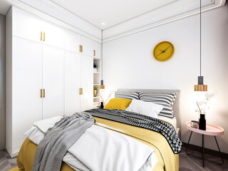 3D rendering, clean and tidy Nordic style bedroom design