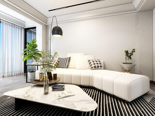 3D rendering, wooden Nordic style living room design