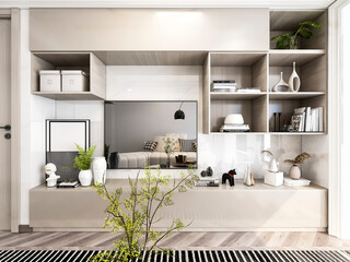 3D rendering, wooden Nordic style living room design