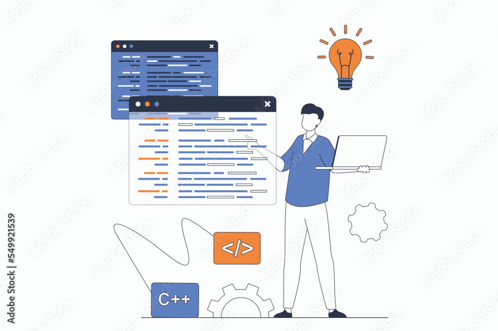 Fototapete Programmers working concept with people scene in flat outline design. Man developer works with code on different screens, optimizes and tests. Vector illustration with line character situation for web